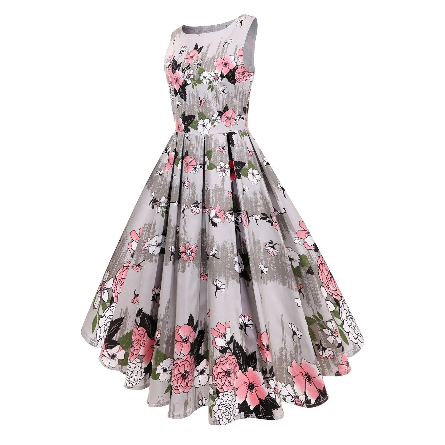 1950s Vintage Retro Floral Printed Hepburn Dress Sleeveless