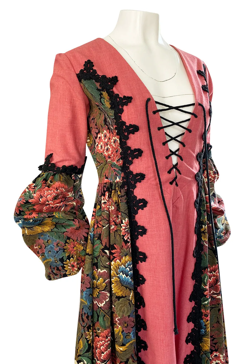 1970s Snooty Hooty Deep Plunge Lace Up Front Huge Sleeve Dress