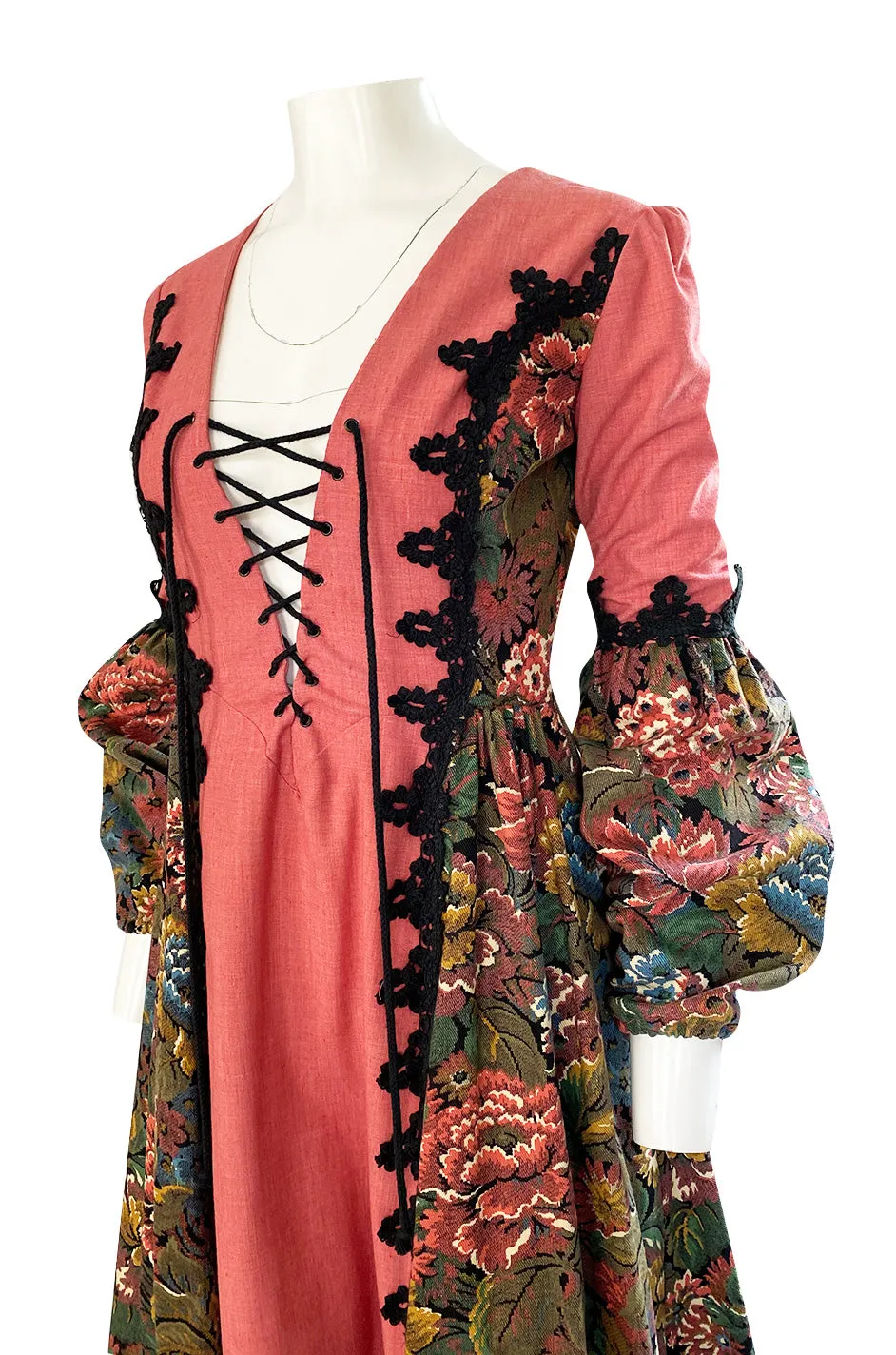 1970s Snooty Hooty Deep Plunge Lace Up Front Huge Sleeve Dress