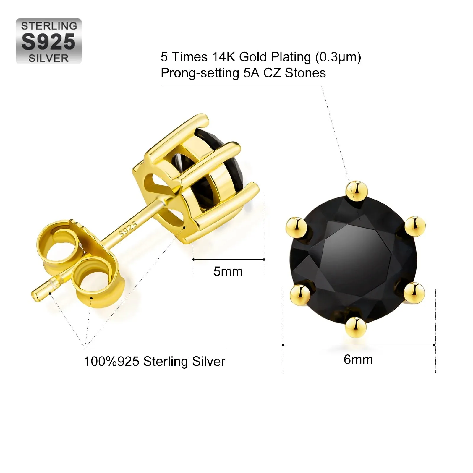 6mm Black Diamond Round Stud Earrings in 14K Gold
