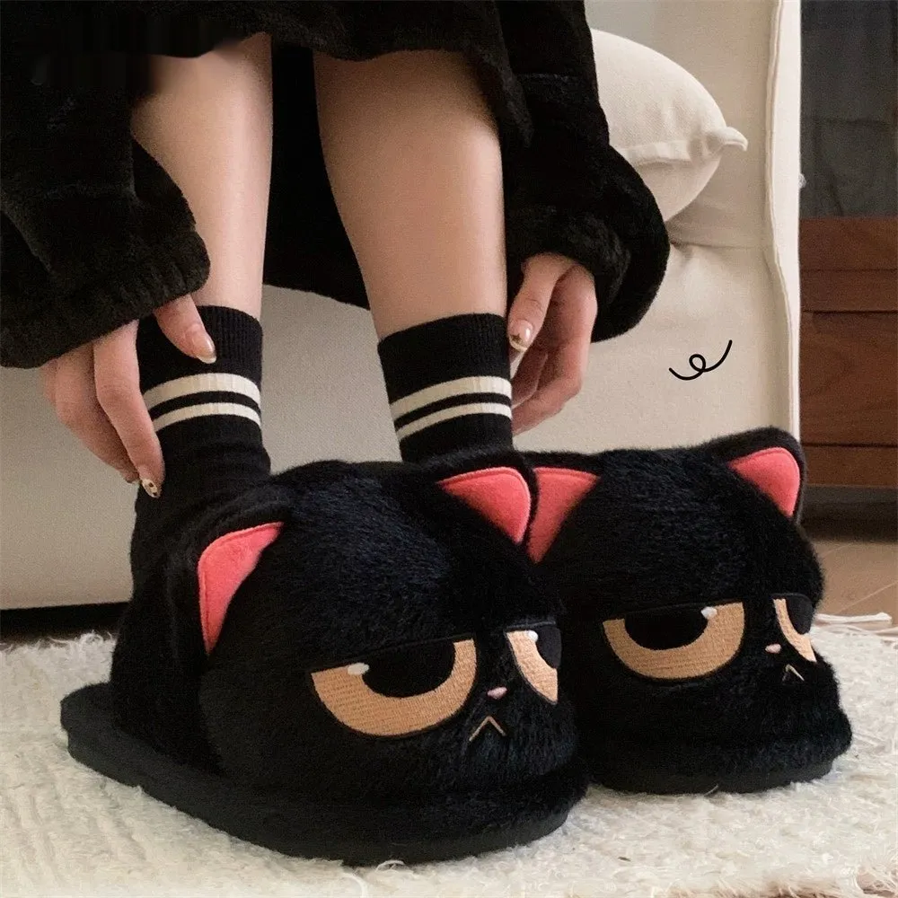 Angry Black Cat Slippers Thermal Cotton
