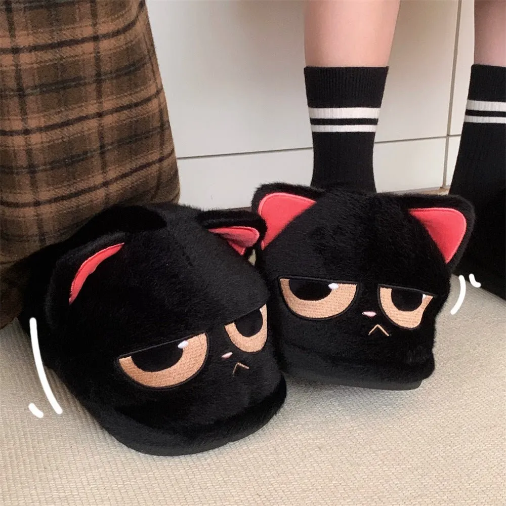 Angry Black Cat Slippers Thermal Cotton