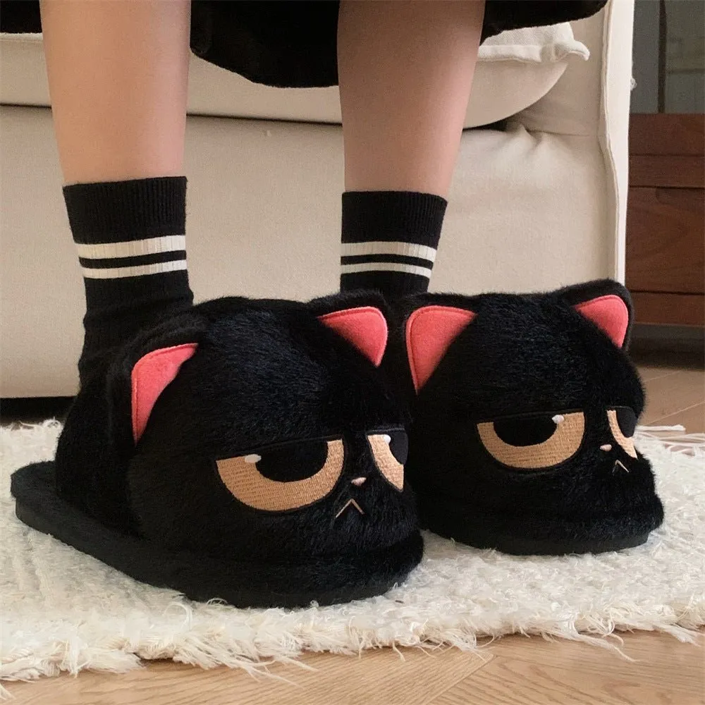 Angry Black Cat Slippers Thermal Cotton