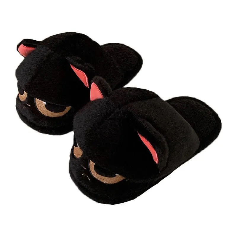 Angry Black Cat Slippers Thermal Cotton