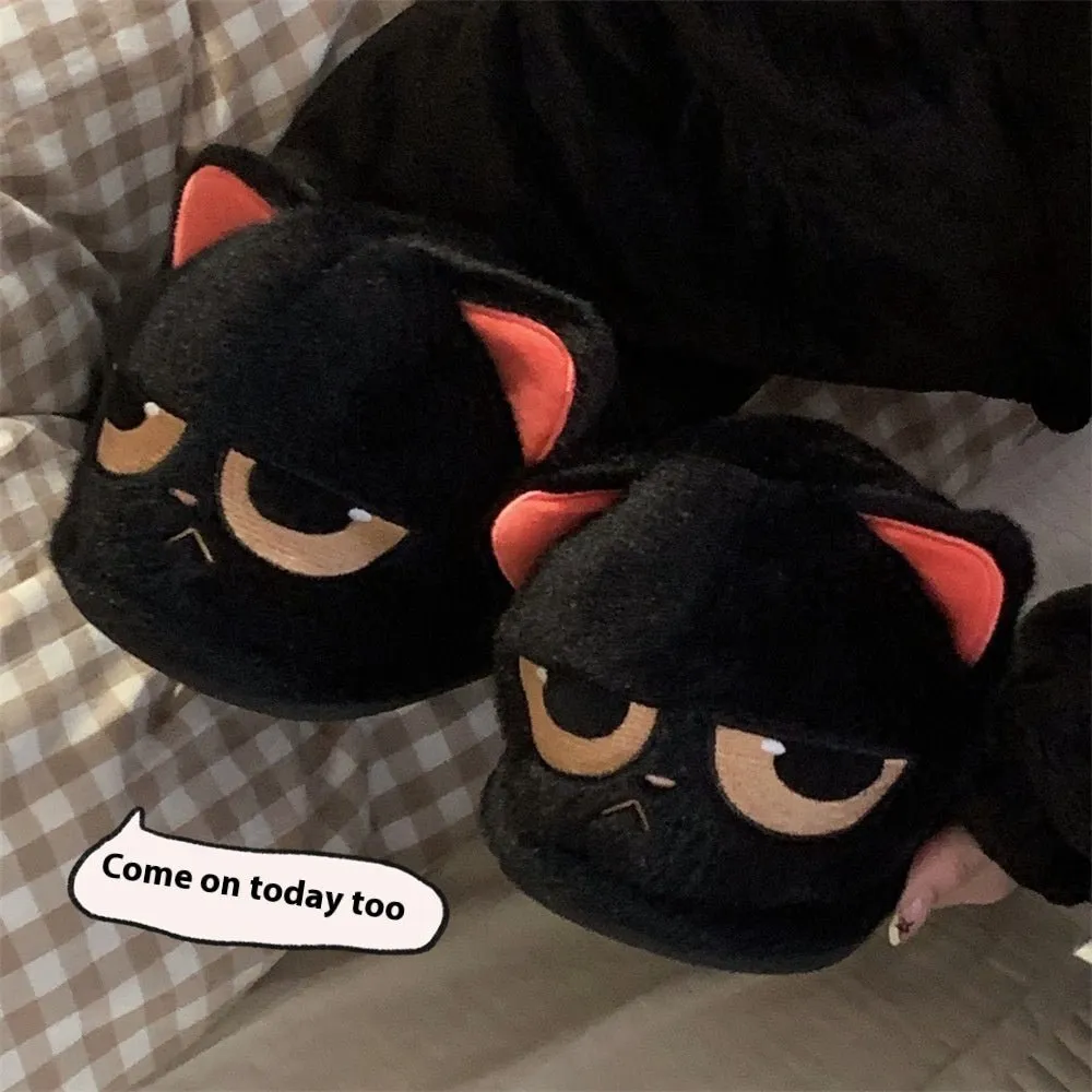 Angry Black Cat Slippers Thermal Cotton
