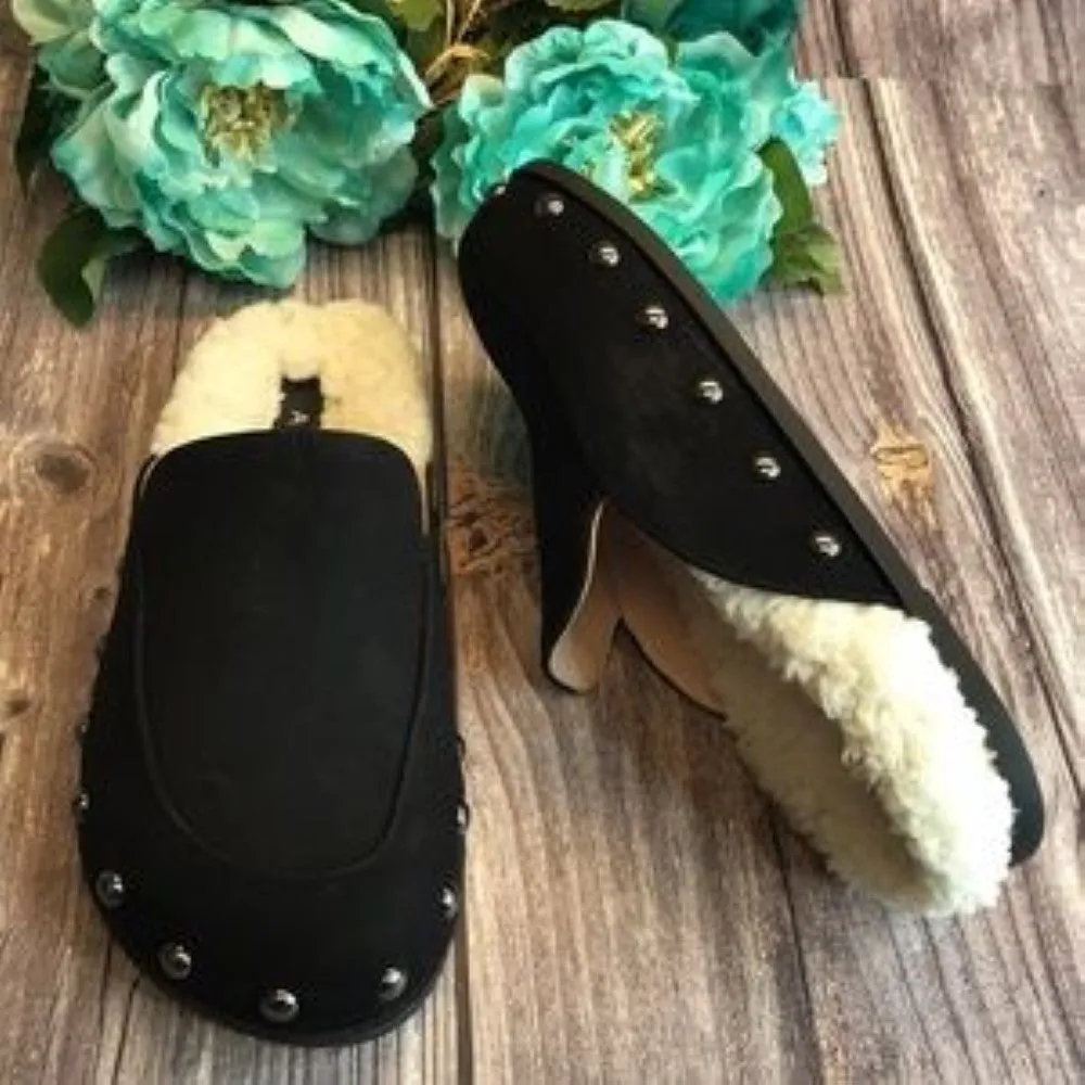 Aqua Fechado Black Faux Shearling Mule Slippers 6B