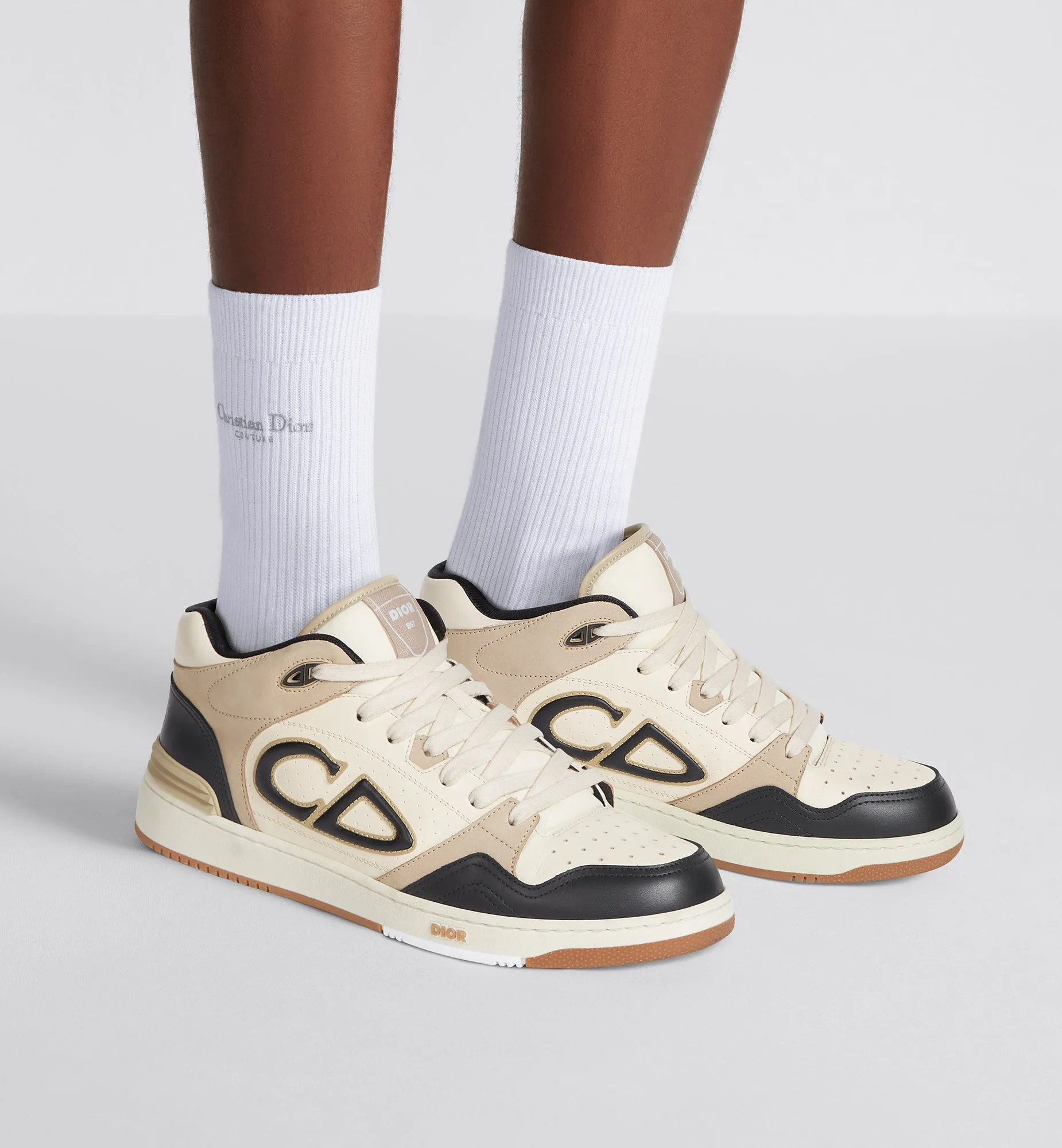 B57 Mid-Top Sneaker • Black and Cream Smooth Calfskin and Beige Suede