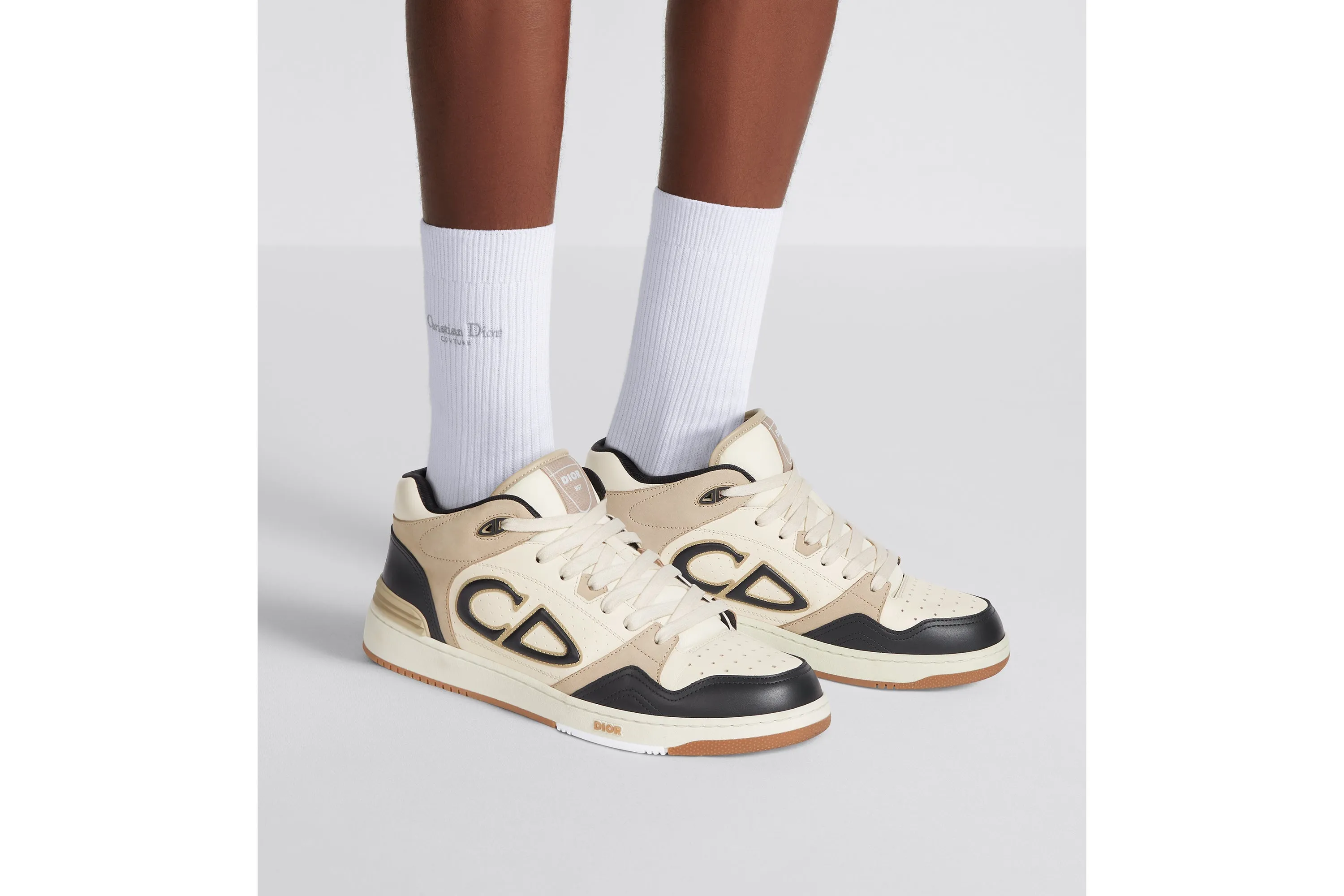 B57 Mid-Top Sneaker • Black and Cream Smooth Calfskin and Beige Suede