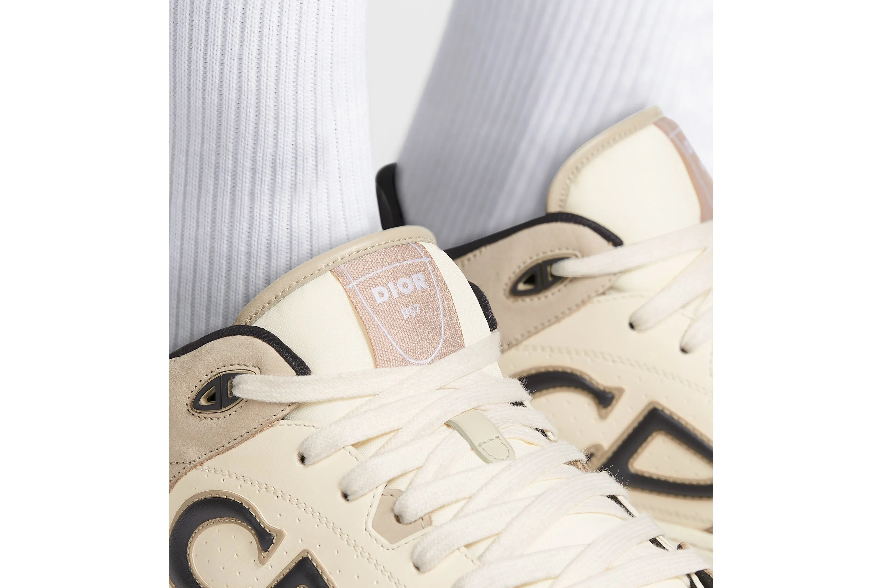 B57 Mid-Top Sneaker • Black and Cream Smooth Calfskin and Beige Suede