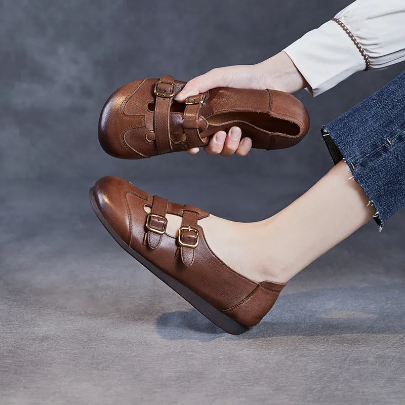 Babakud Women Spring Leather Belt Buckle Mary Jane Flats