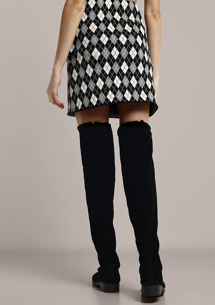 Black Argyle Pattern Knitted  Skirt