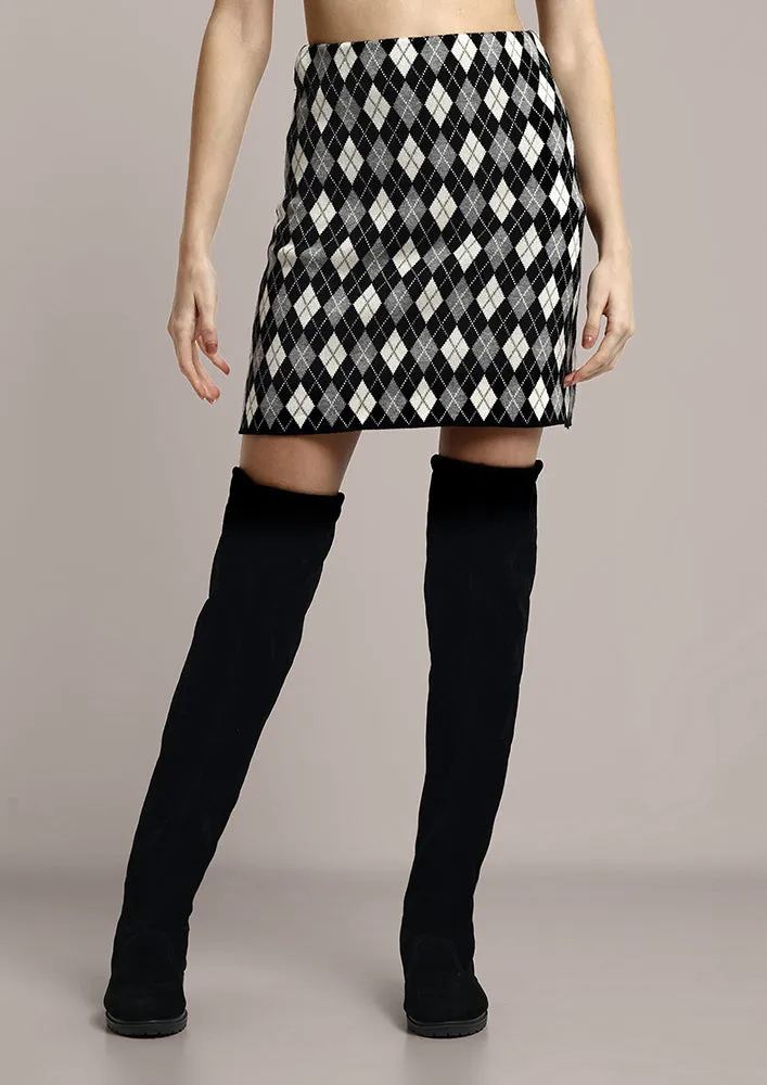 Black Argyle Pattern Knitted  Skirt