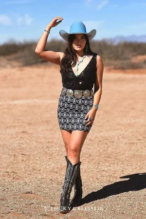 Black Cross Turquoise Aztec Fitted Mini Skirt