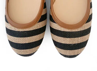Black striped jute ballet flats
