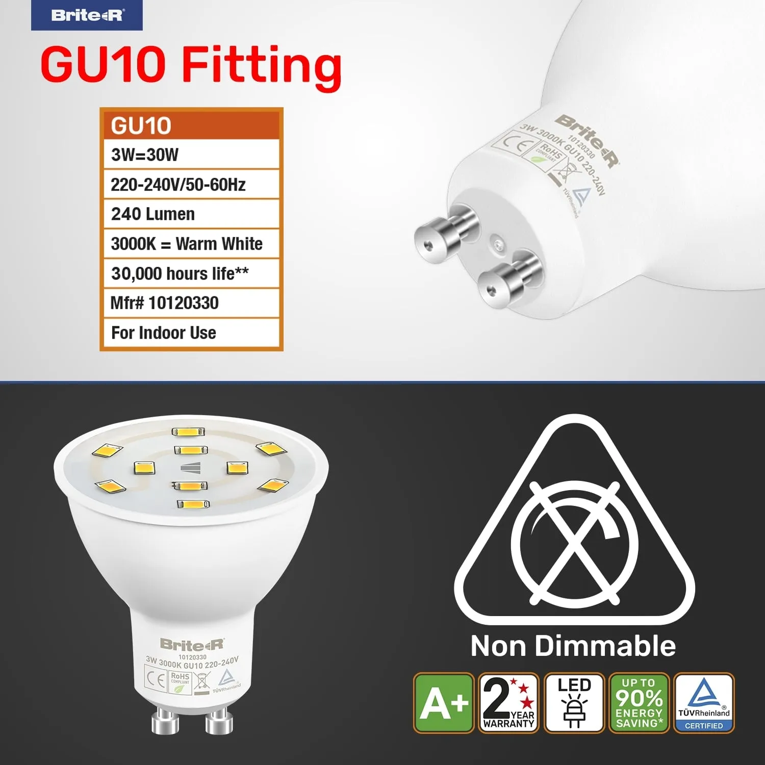 Brite-R 3W GU10 LED Bulb Warm White 3000K