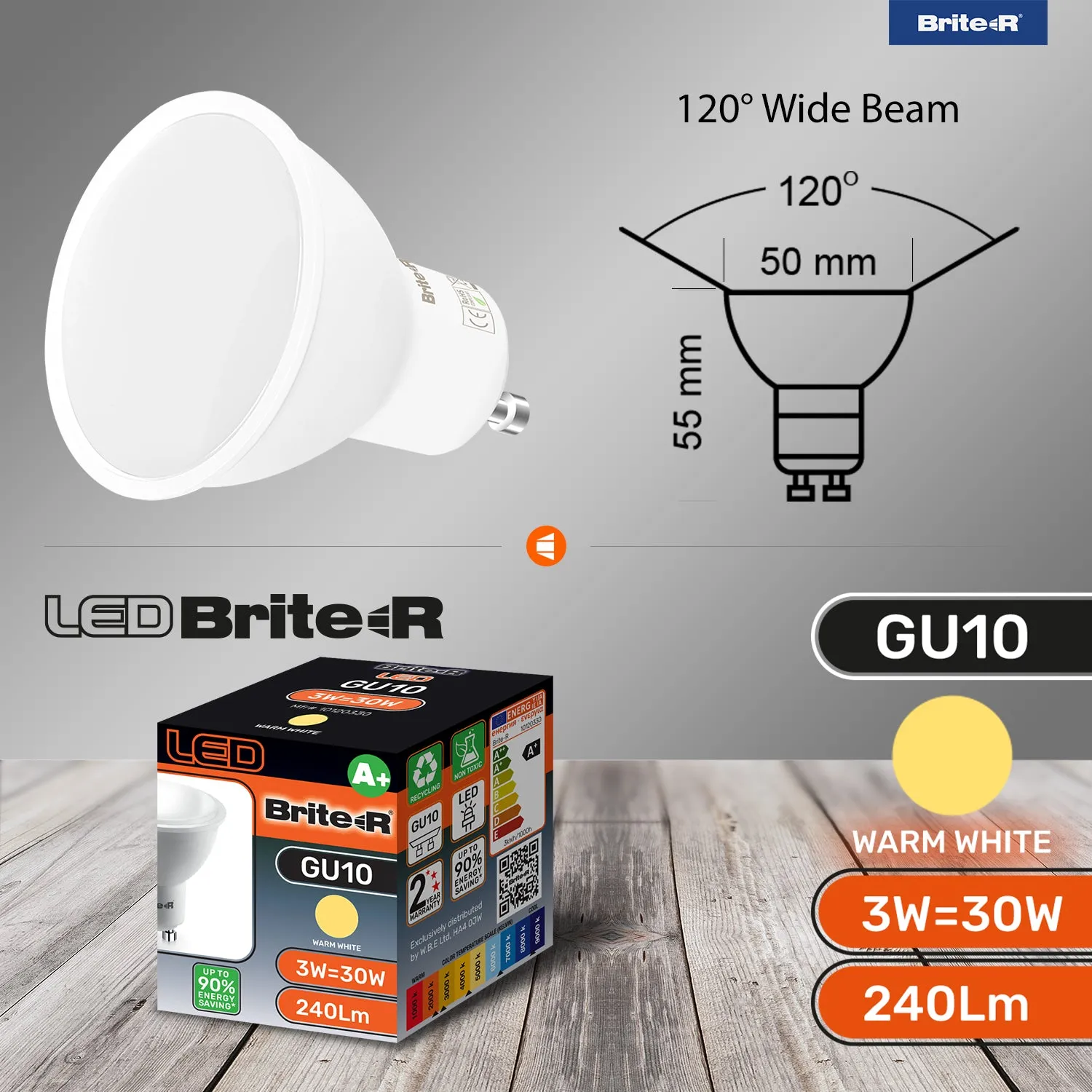 Brite-R 3W GU10 LED Bulb Warm White 3000K