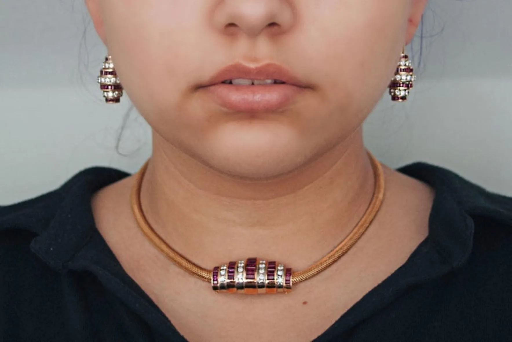 Burma Ruby Diamond Gold Earring and Necklace Suite