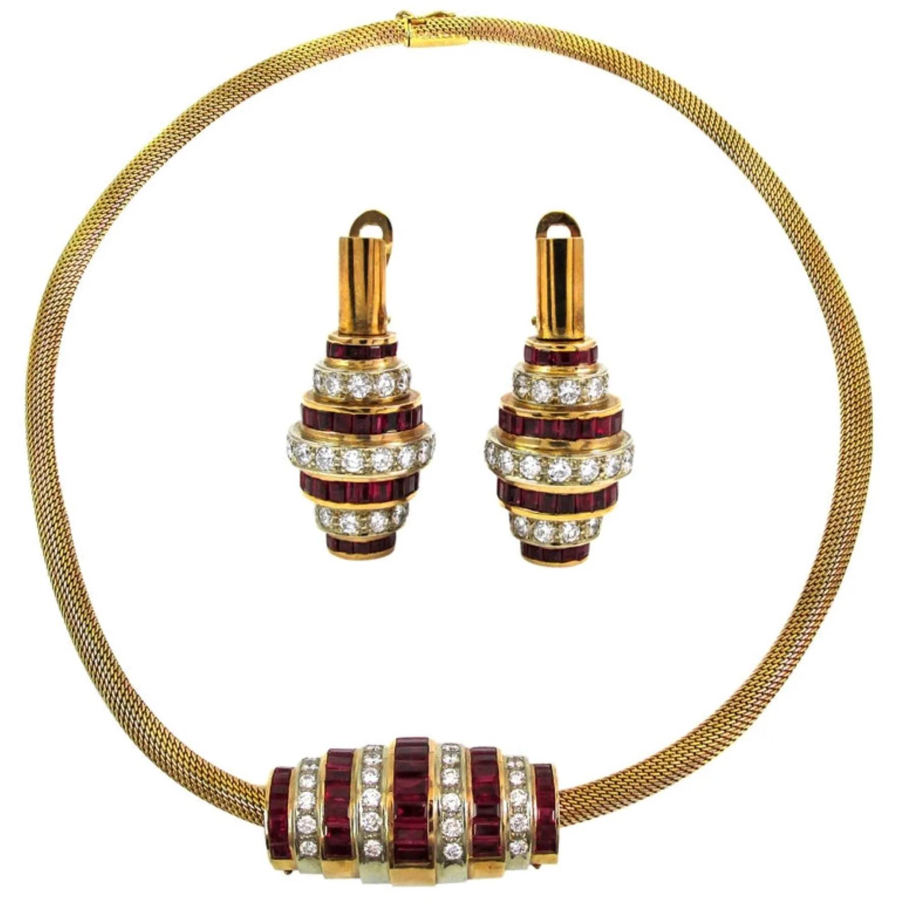 Burma Ruby Diamond Gold Earring and Necklace Suite