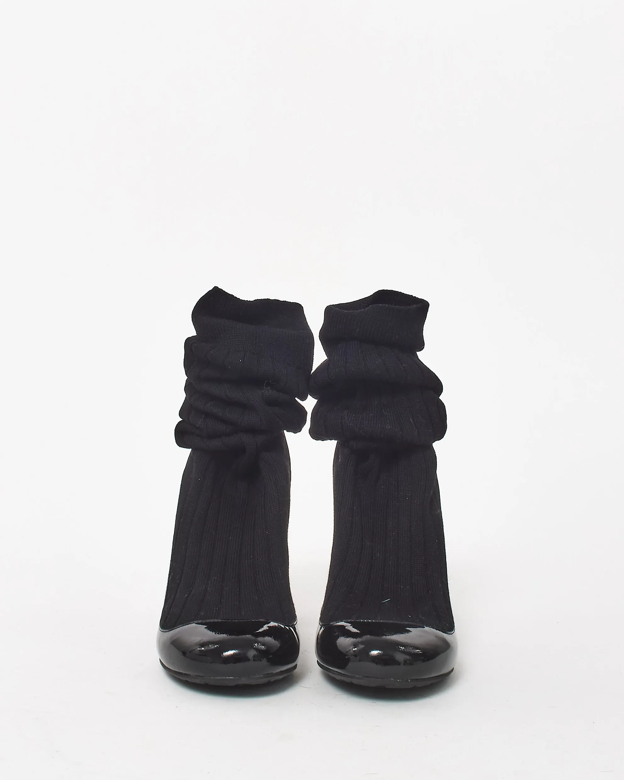 Chanel Black Knit Sock & Patent Leather Stiletto Boots - 35
