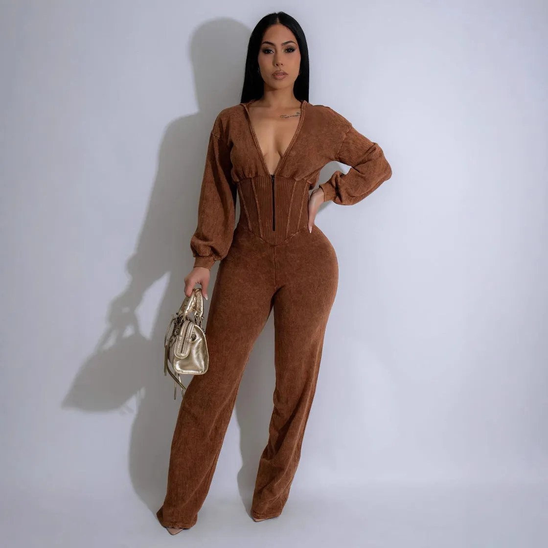 Chic Patchwork V-Neck Long-Sleeve Fitness Jumpsuit