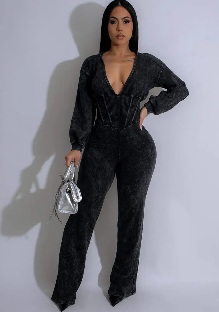 Chic Patchwork V-Neck Long-Sleeve Fitness Jumpsuit