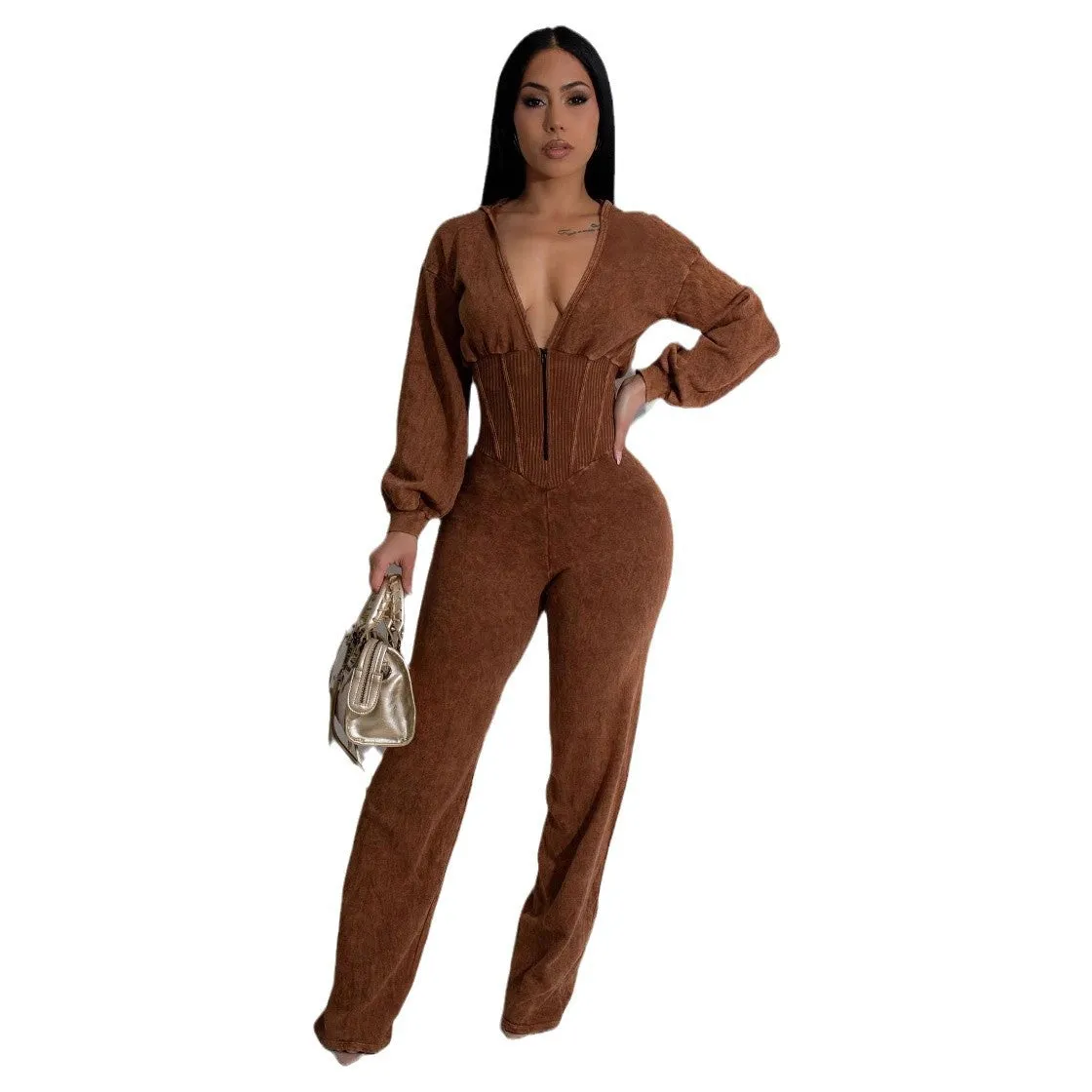 Chic Patchwork V-Neck Long-Sleeve Fitness Jumpsuit