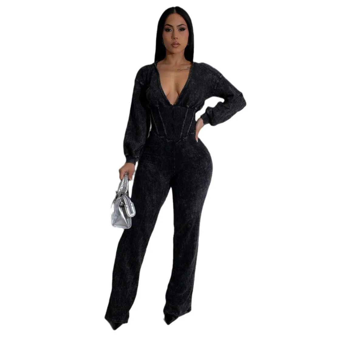 Chic Patchwork V-Neck Long-Sleeve Fitness Jumpsuit