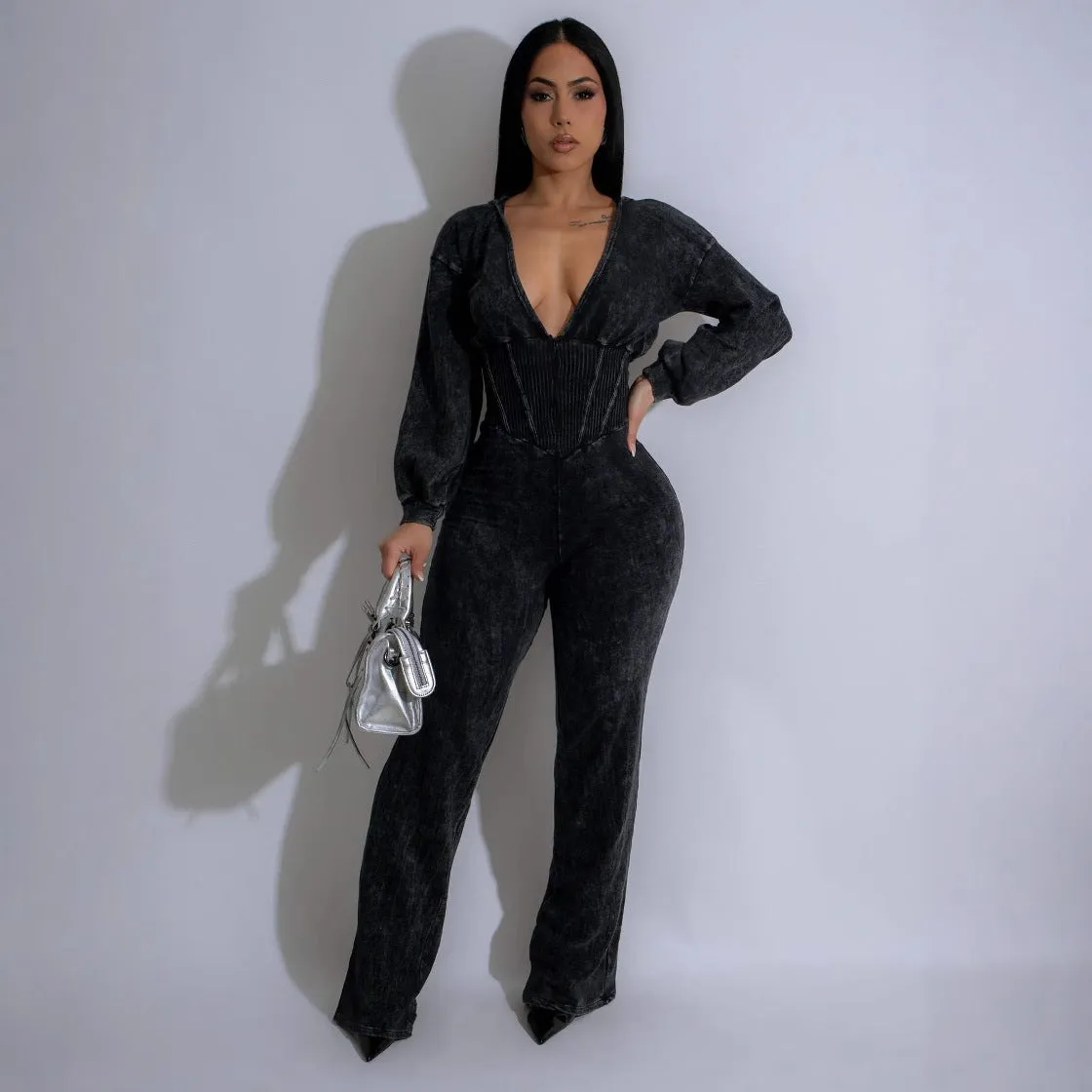 Chic Patchwork V-Neck Long-Sleeve Fitness Jumpsuit