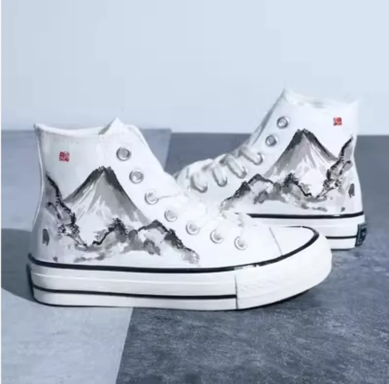 Chinese Style Canvas: Retro Landscape High Top Board Shoes