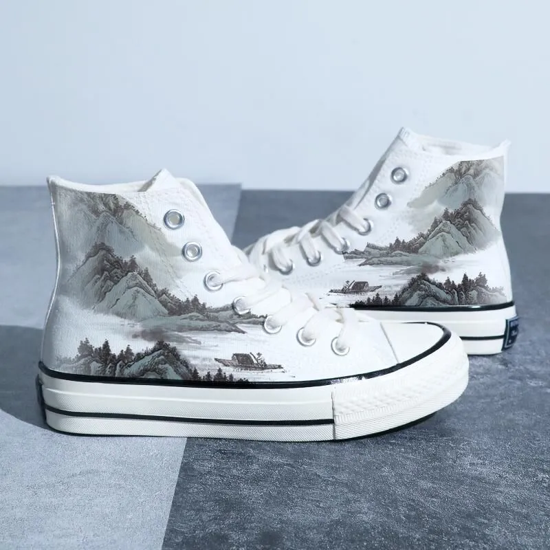 Chinese Style Canvas: Retro Landscape High Top Board Shoes