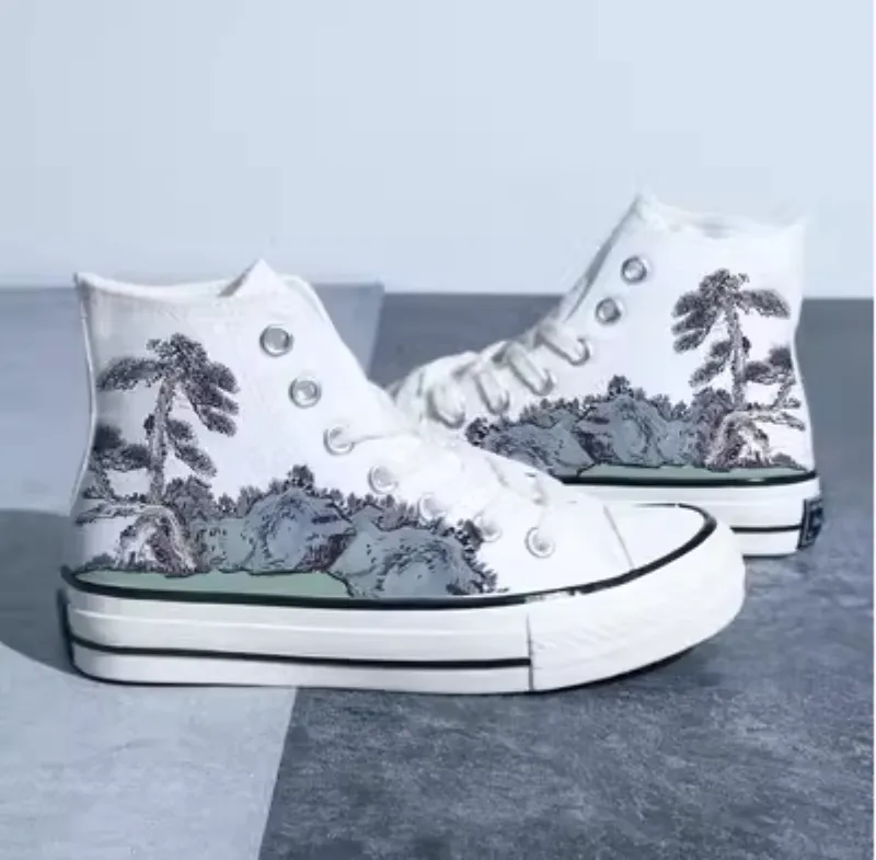 Chinese Style Canvas: Retro Landscape High Top Board Shoes