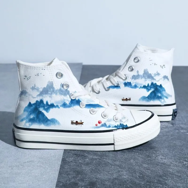 Chinese Style Canvas: Retro Landscape High Top Board Shoes