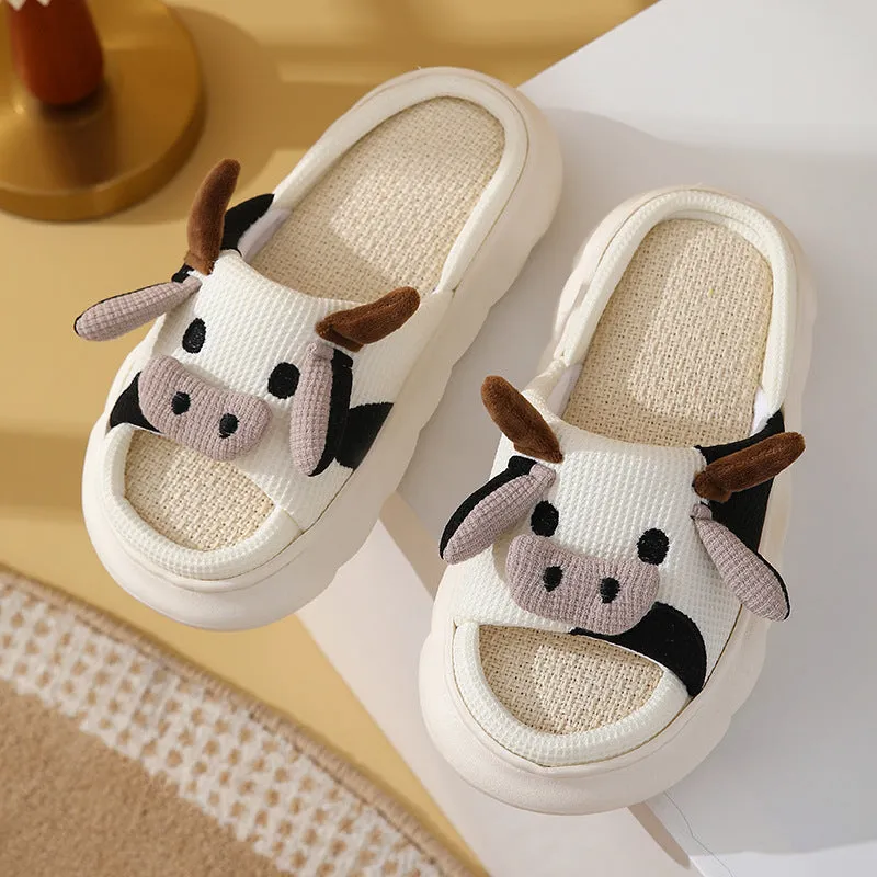 Cute Cartoon Cow Frog Slippers Linen Non-slip Shoes Indoor
