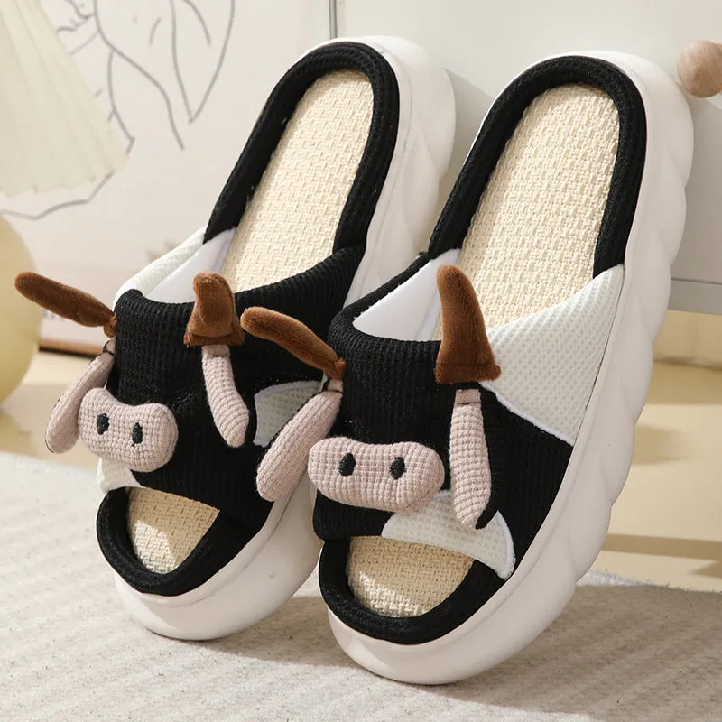 Cute Cartoon Cow Frog Slippers Linen Non-slip Shoes Indoor