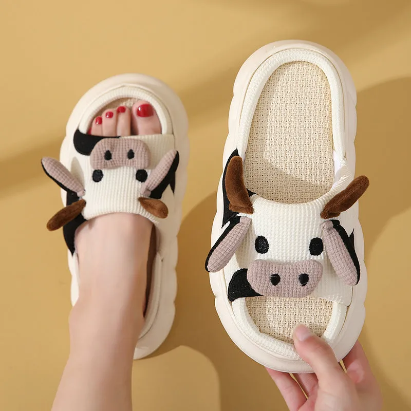 Cute Cartoon Cow Frog Slippers Linen Non-slip Shoes Indoor