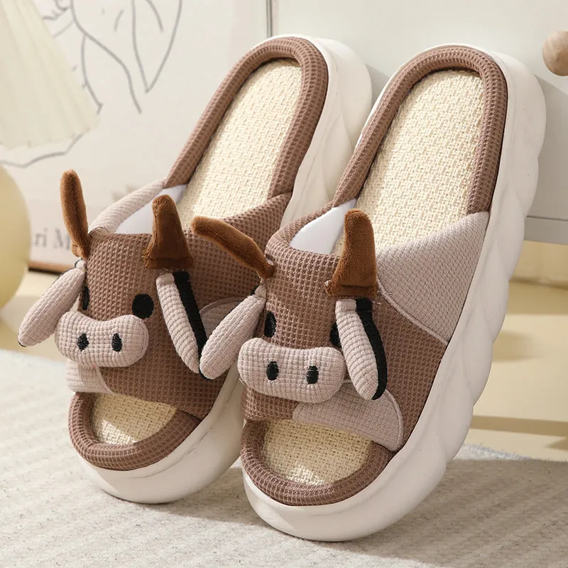 Cute Cartoon Cow Frog Slippers Linen Non-slip Shoes Indoor