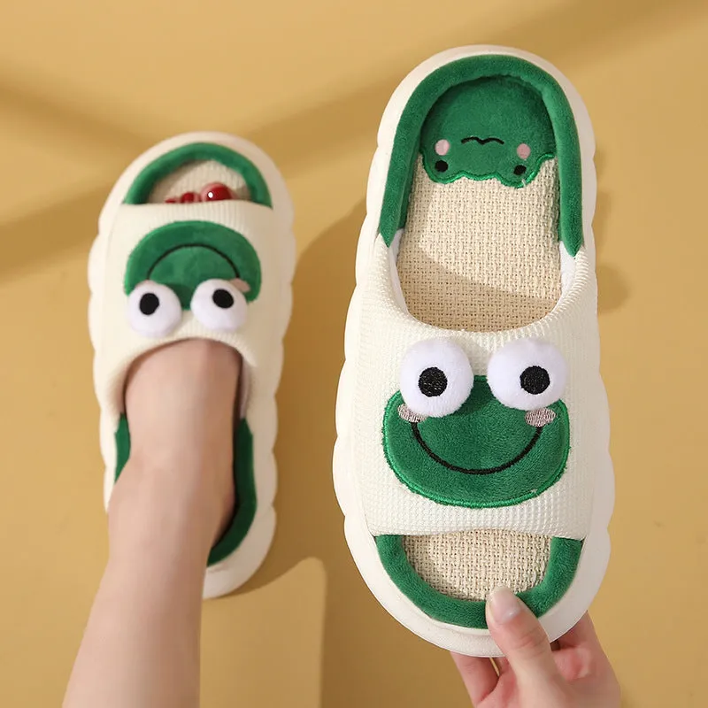 Cute Cartoon Cow Frog Slippers Linen Non-slip Shoes Indoor