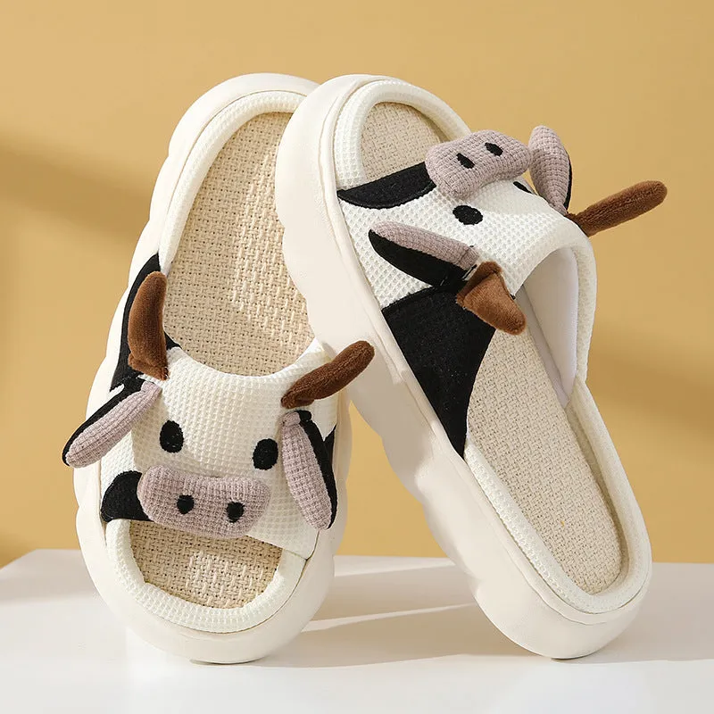 Cute Cartoon Cow Frog Slippers Linen Non-slip Shoes Indoor
