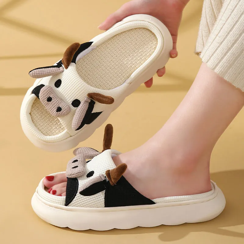 Cute Cartoon Cow Frog Slippers Linen Non-slip Shoes Indoor
