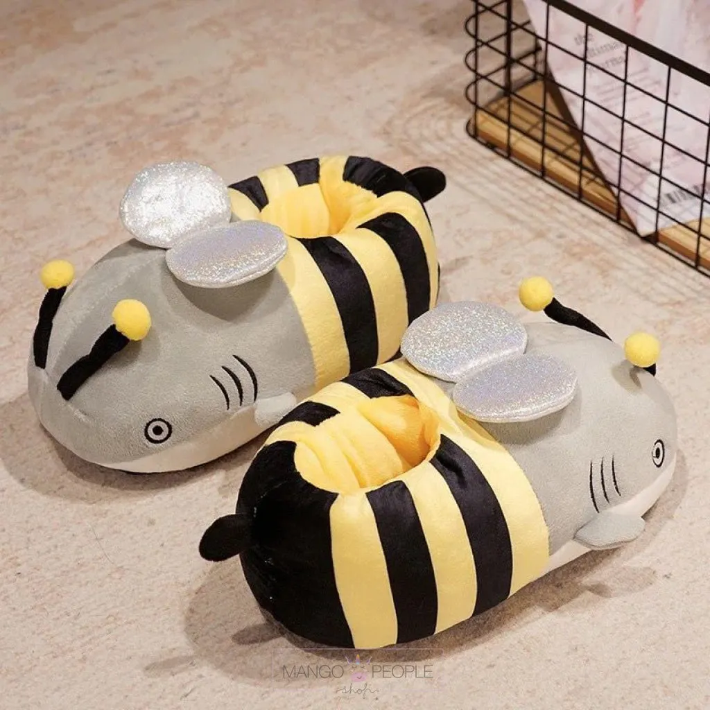 Cute Cartoon Winter Warm Plush Slippers - Funny Shark Bee, Shark Dog