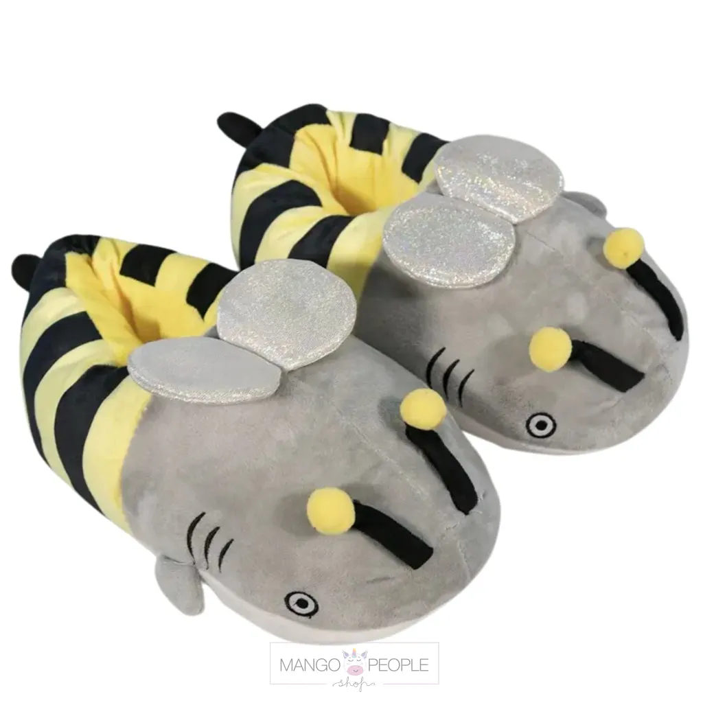 Cute Cartoon Winter Warm Plush Slippers - Funny Shark Bee, Shark Dog