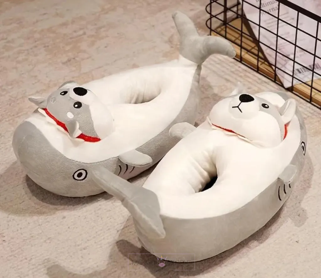 Cute Cartoon Winter Warm Plush Slippers - Funny Shark Bee, Shark Dog