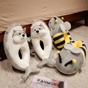 Cute Cartoon Winter Warm Plush Slippers - Funny Shark Bee, Shark Dog