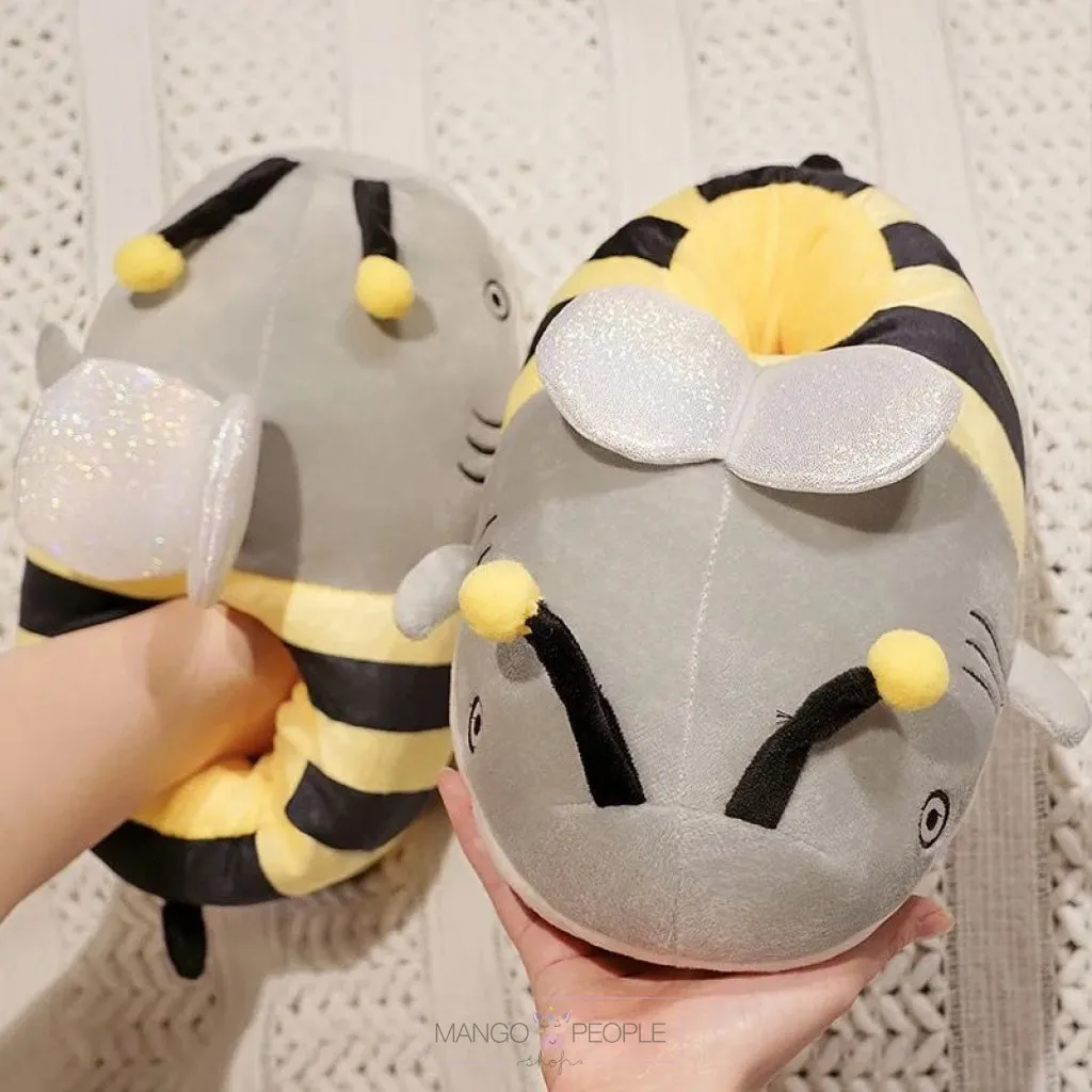 Cute Cartoon Winter Warm Plush Slippers - Funny Shark Bee, Shark Dog