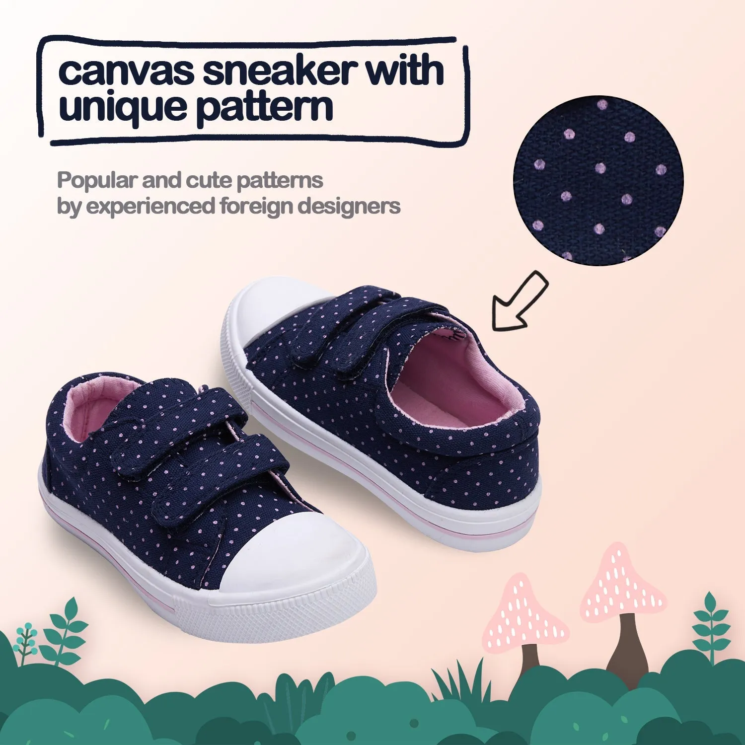 Dark Blue Sneakers with Purple Polka Dot Velcro