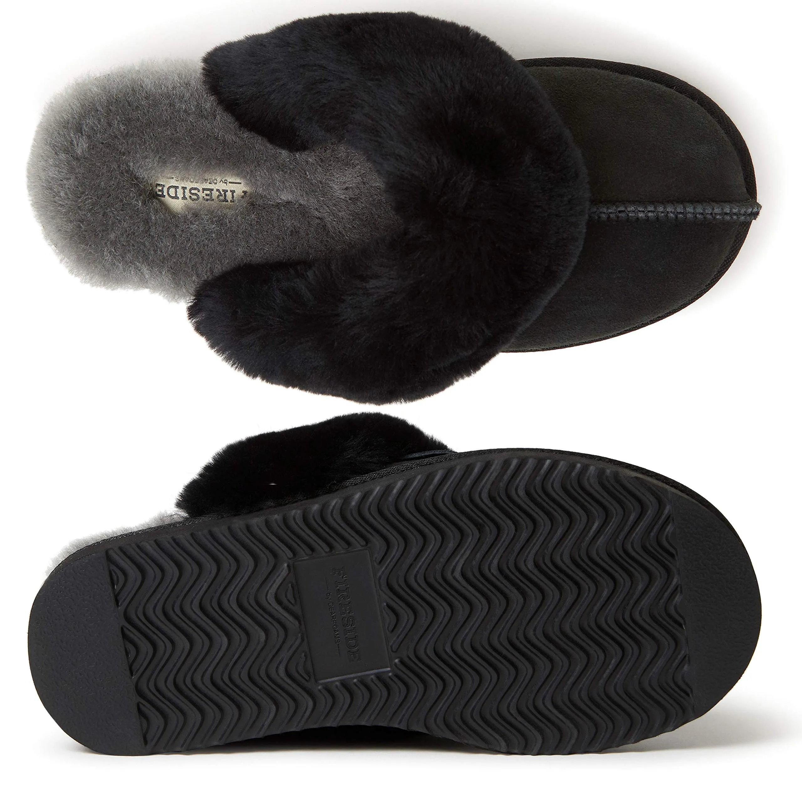 Dearfoams Womens Fireside Sydney Shearling Fur Indoor/Outdoor Scuff With Wide Widths Slipper, Black, 9 Wide US