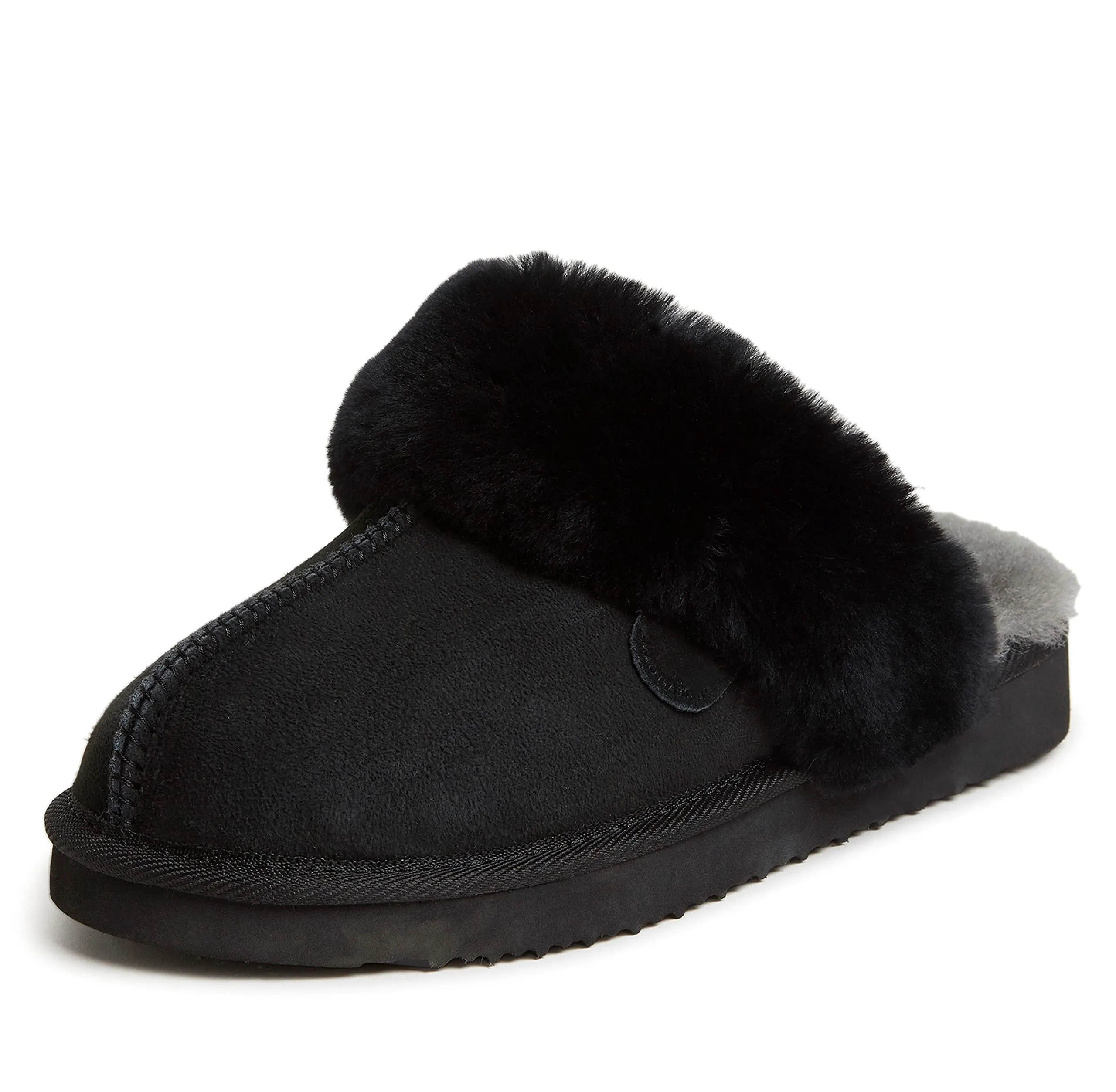 Dearfoams Womens Fireside Sydney Shearling Fur Indoor/Outdoor Scuff With Wide Widths Slipper, Black, 9 Wide US