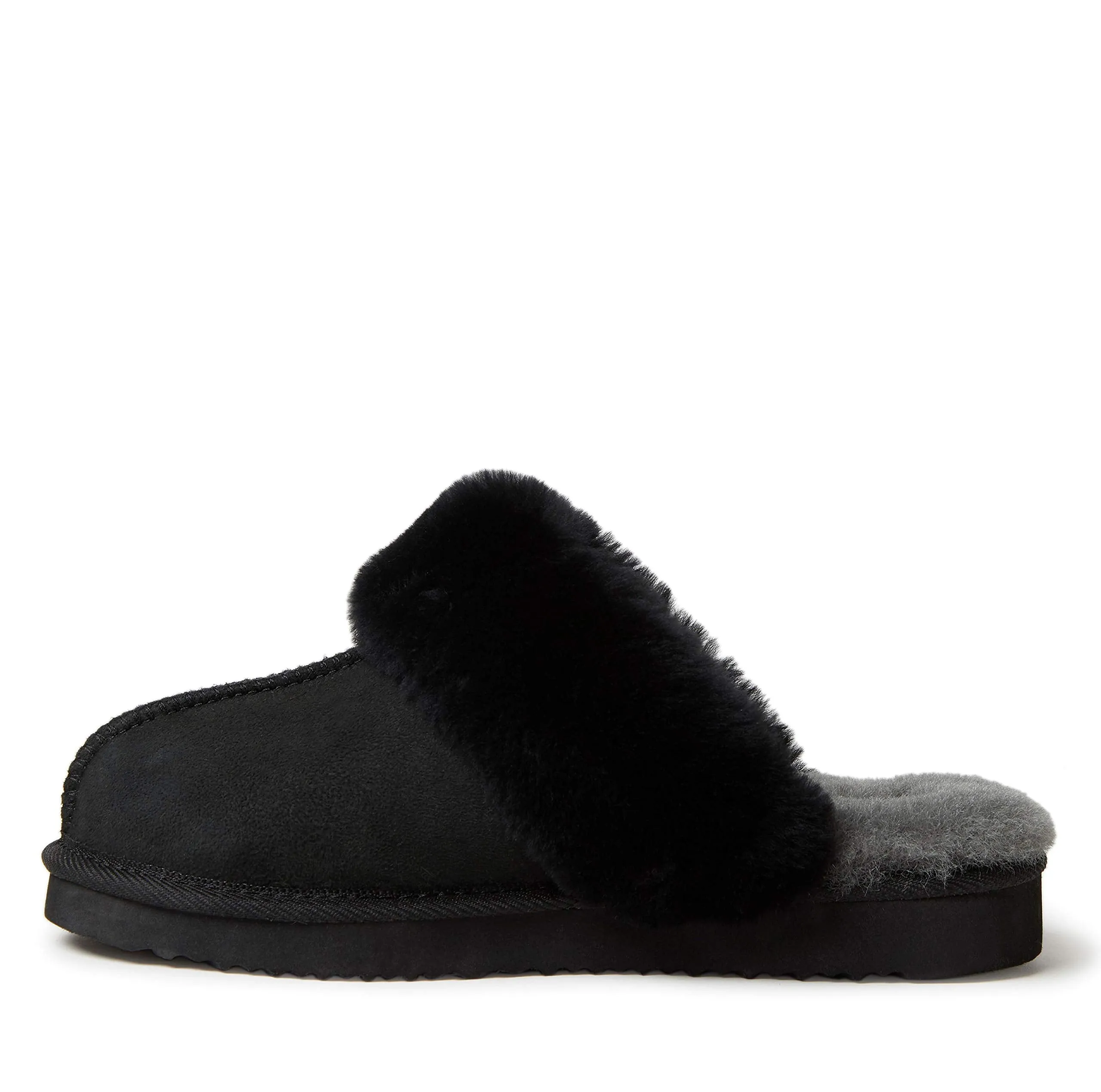 Dearfoams Womens Fireside Sydney Shearling Fur Indoor/Outdoor Scuff With Wide Widths Slipper, Black, 9 Wide US