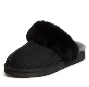 Dearfoams Womens Fireside Sydney Shearling Fur Indoor/Outdoor Scuff With Wide Widths Slipper, Black, 9 Wide US
