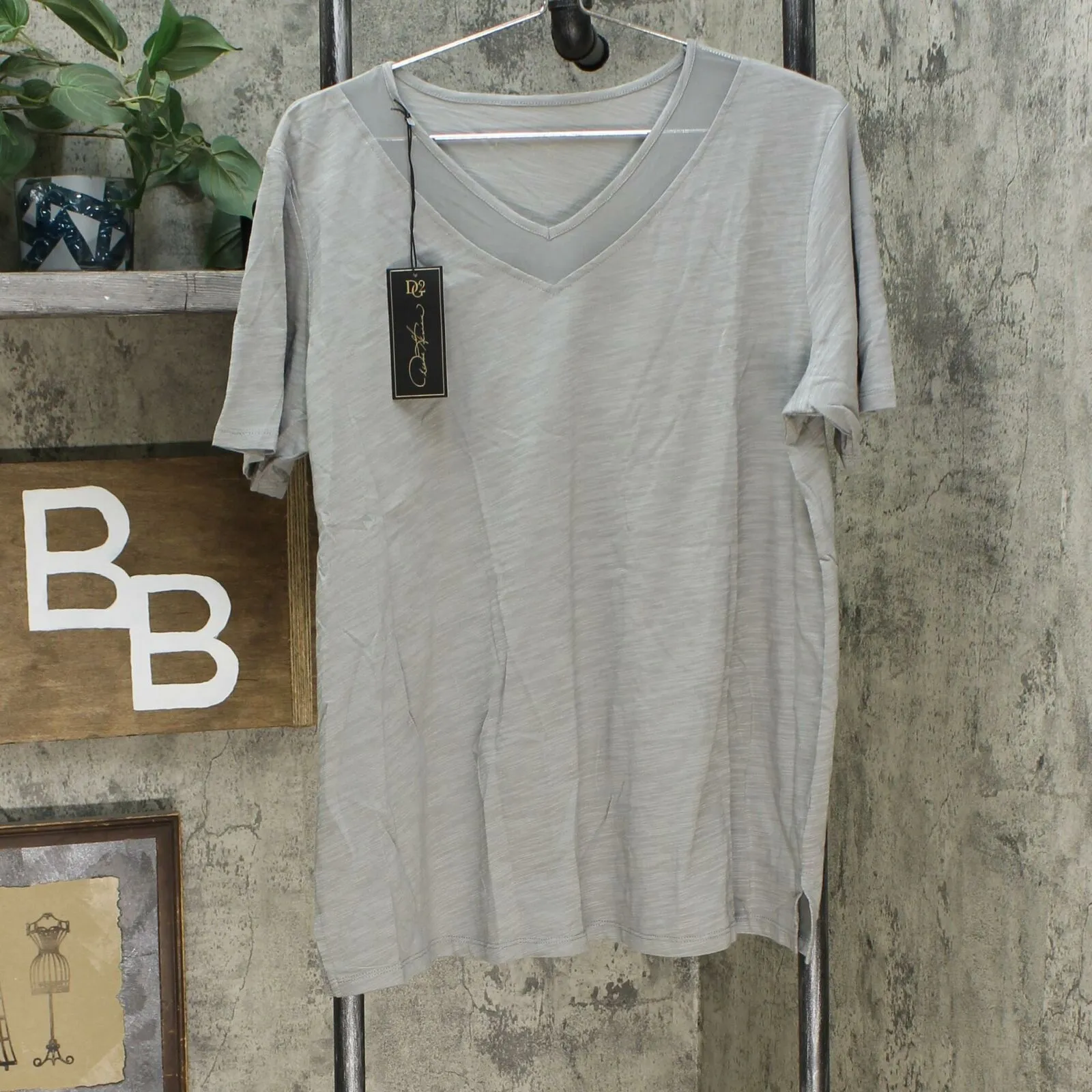 DG2 by Diane Gilman Women's Short Sleeve Mesh Insert V-Neck T-Shirt